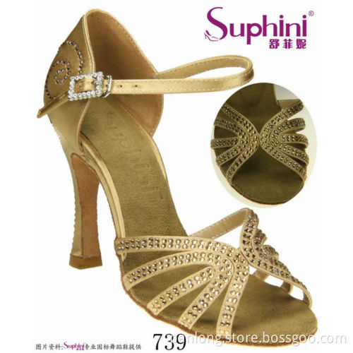 Suphini Tan Satin Soft Comfort Latin Dance Shoes With CRYSTAL